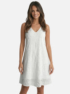 Women’s White Eyelet Lace Dress with V Neck and Flowy Fit