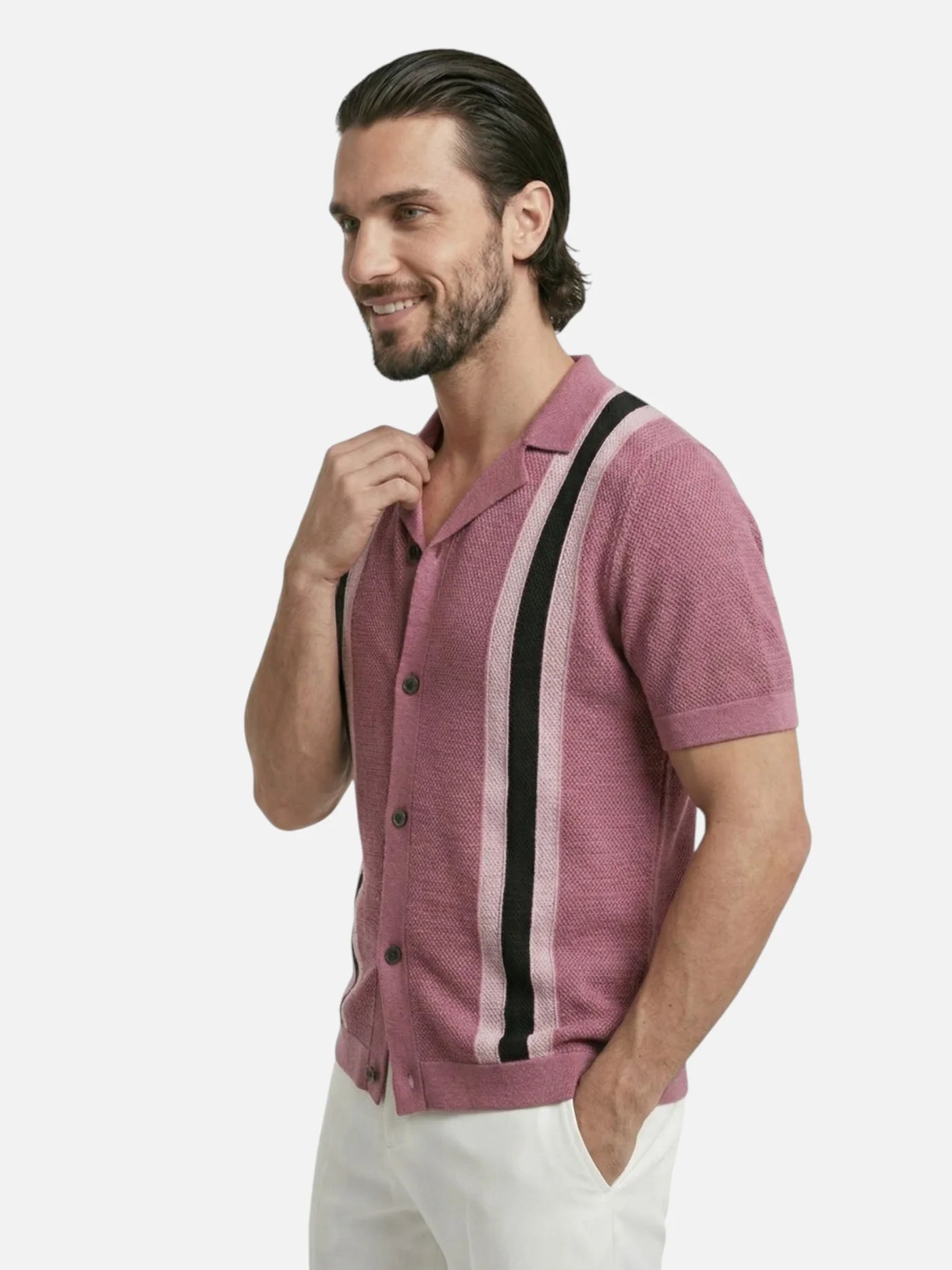 Men’s Knit Polo Shirt with Open Collar and Vertical Stripes