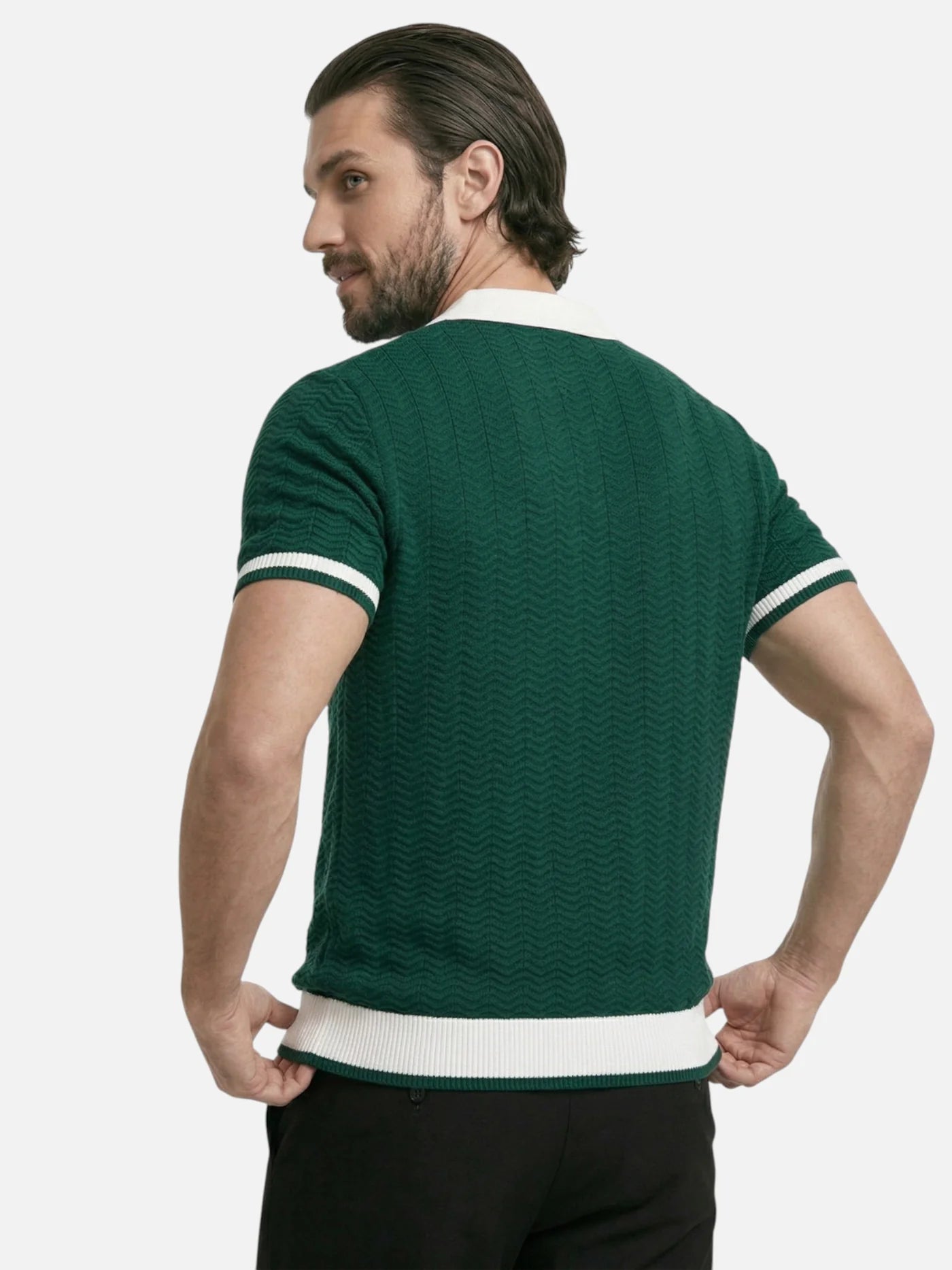 Men’s Textured Knit Polo Shirt Short Sleeve Contrast Collar Lightweight