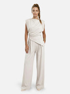 Women’s Two-Piece Set with Asymmetrical Draped Top and Wide-Leg Pants