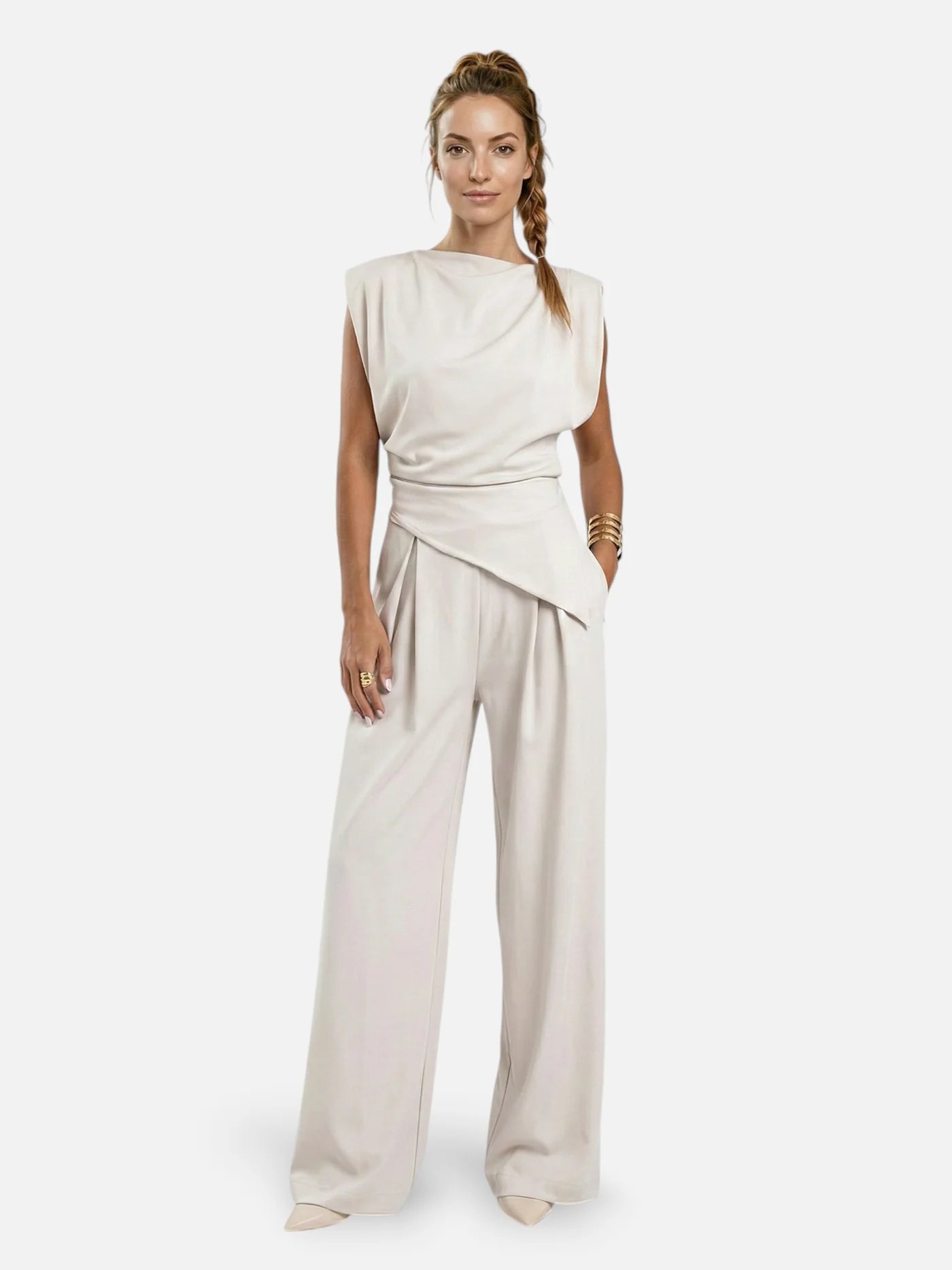 Women’s Two-Piece Set with Asymmetrical Draped Top and Wide-Leg Pants