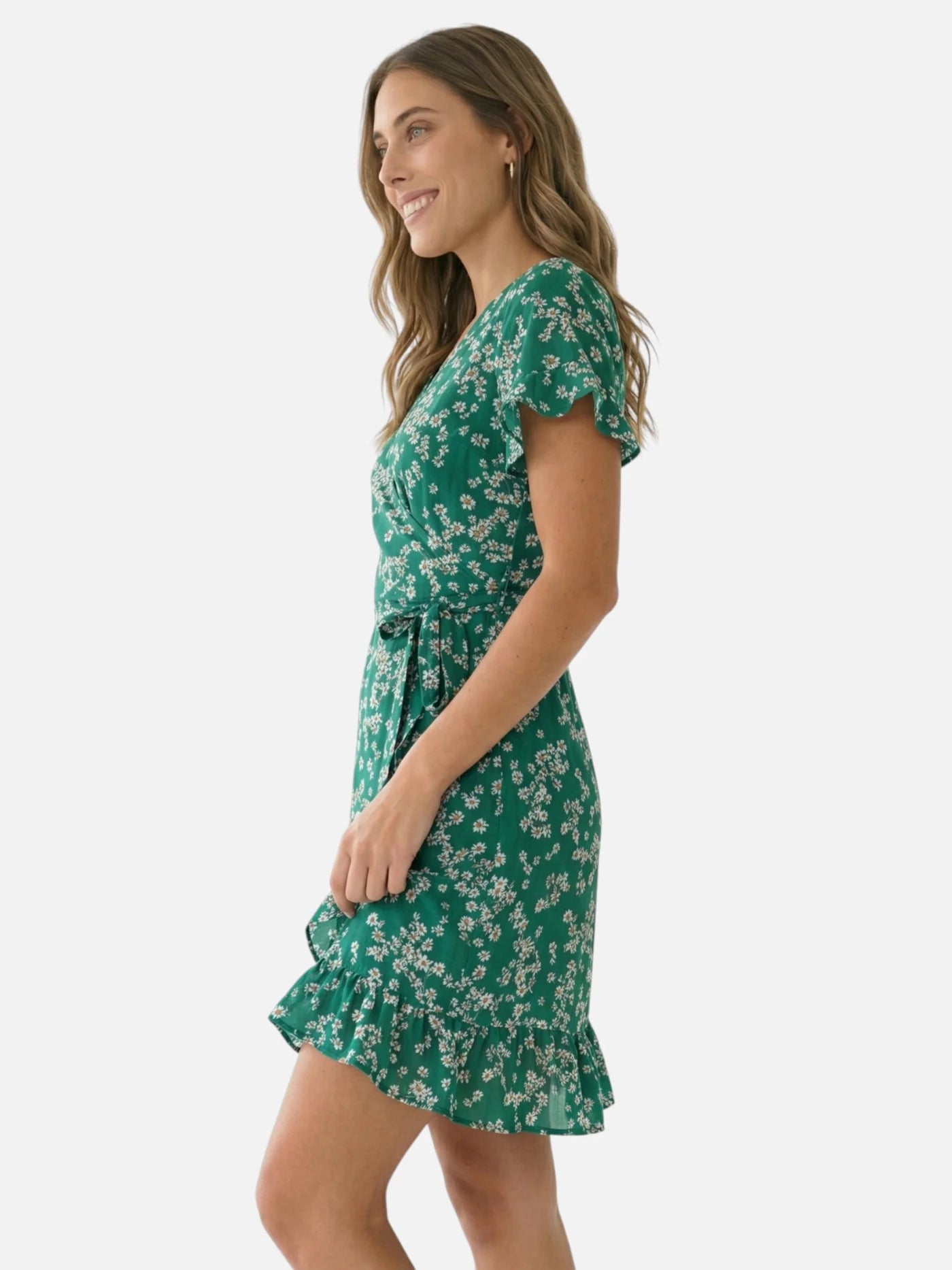 Women’s Floral Wrap Mini Dress with Short Sleeves and Ruffle Hem