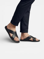 Men’s Leather Slide Sandals with Cross Straps for Summer Comfort