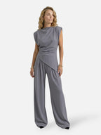 Women’s Two-Piece Set with Asymmetrical Draped Top and Wide-Leg Pants