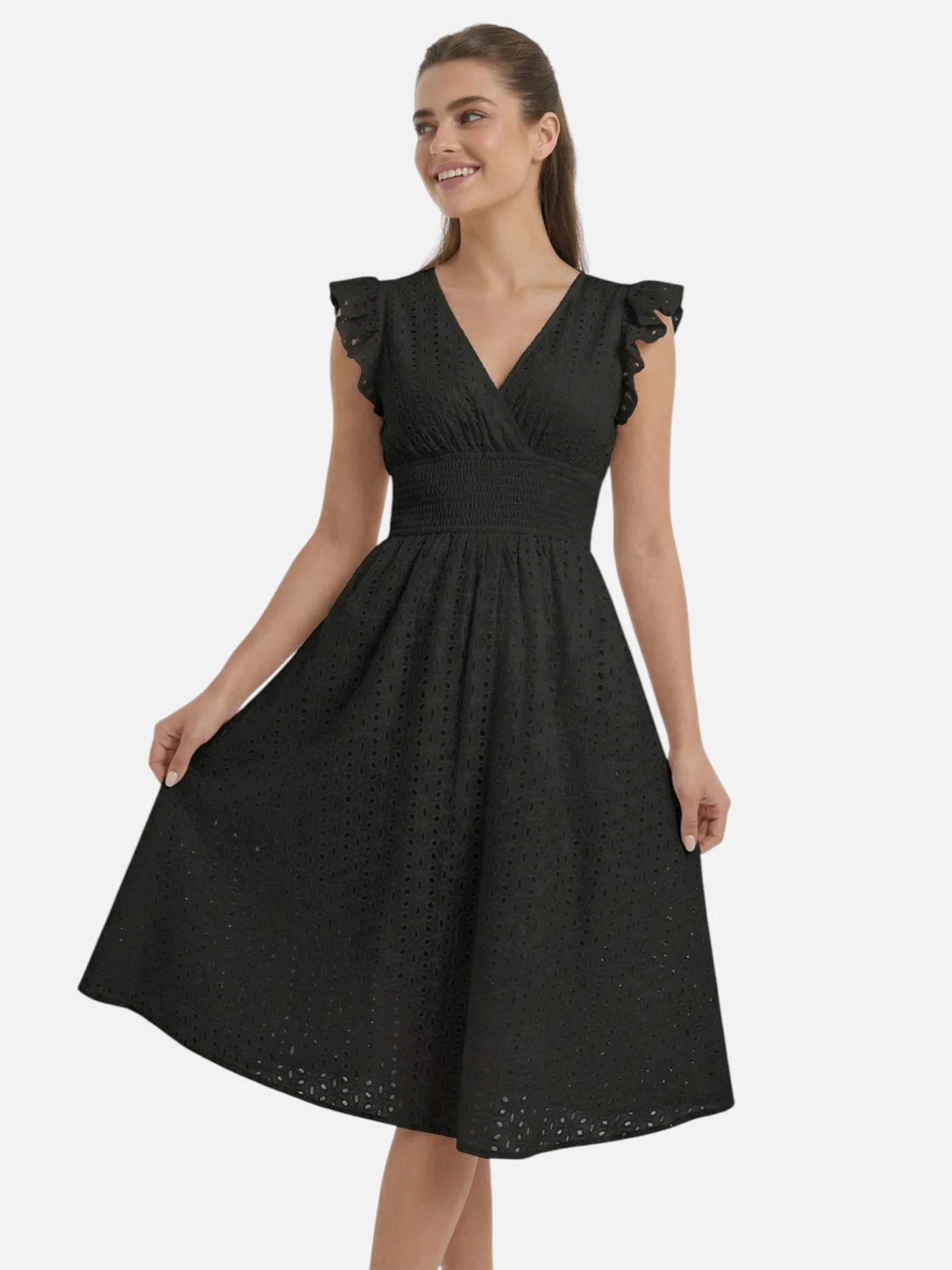 Women’s Broderie Midi Dress with V Neck Ruffle Sleeves and Smocked Waist