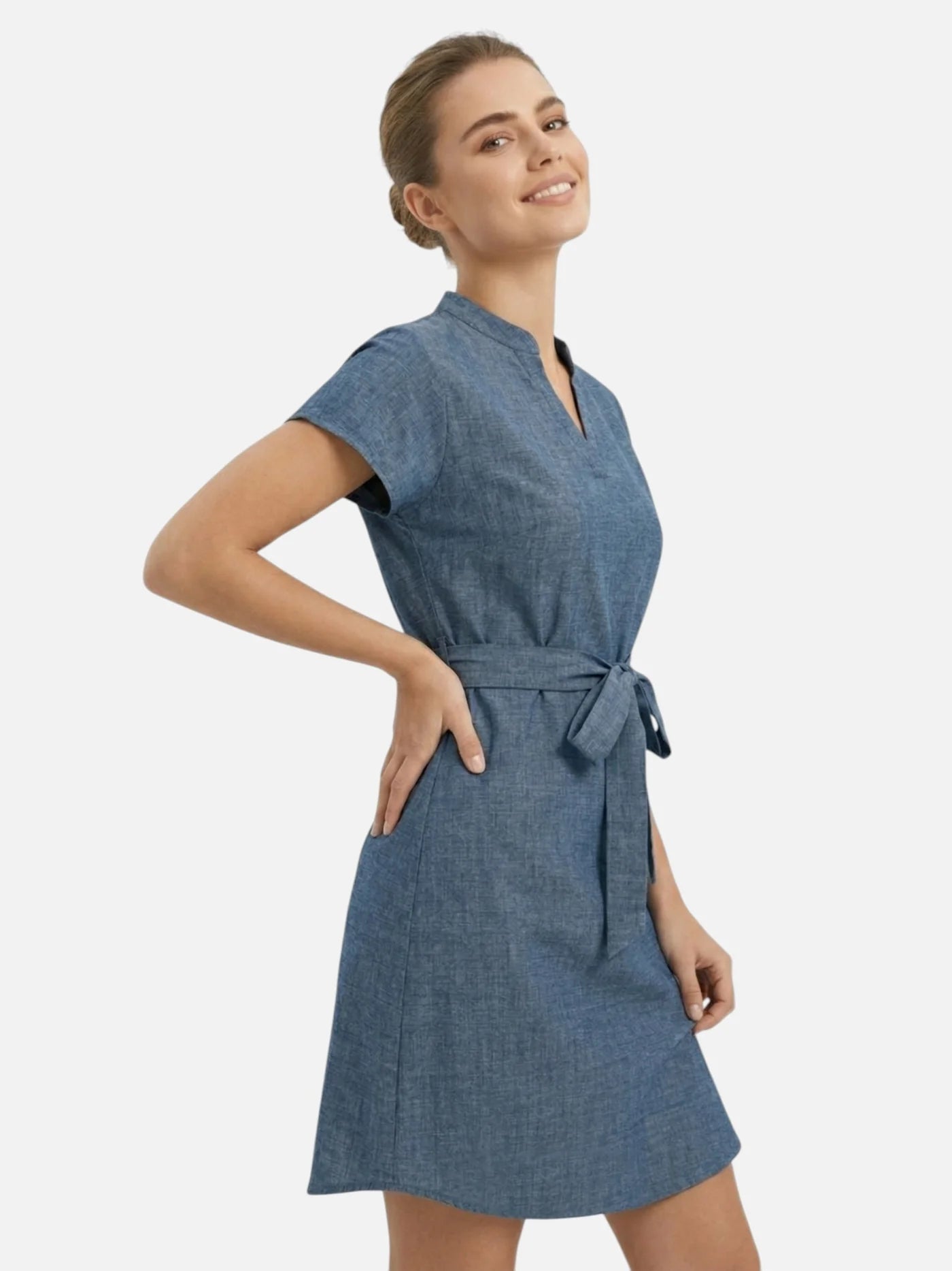 Women’s Belted Dress with Split Neck and Short Sleeves