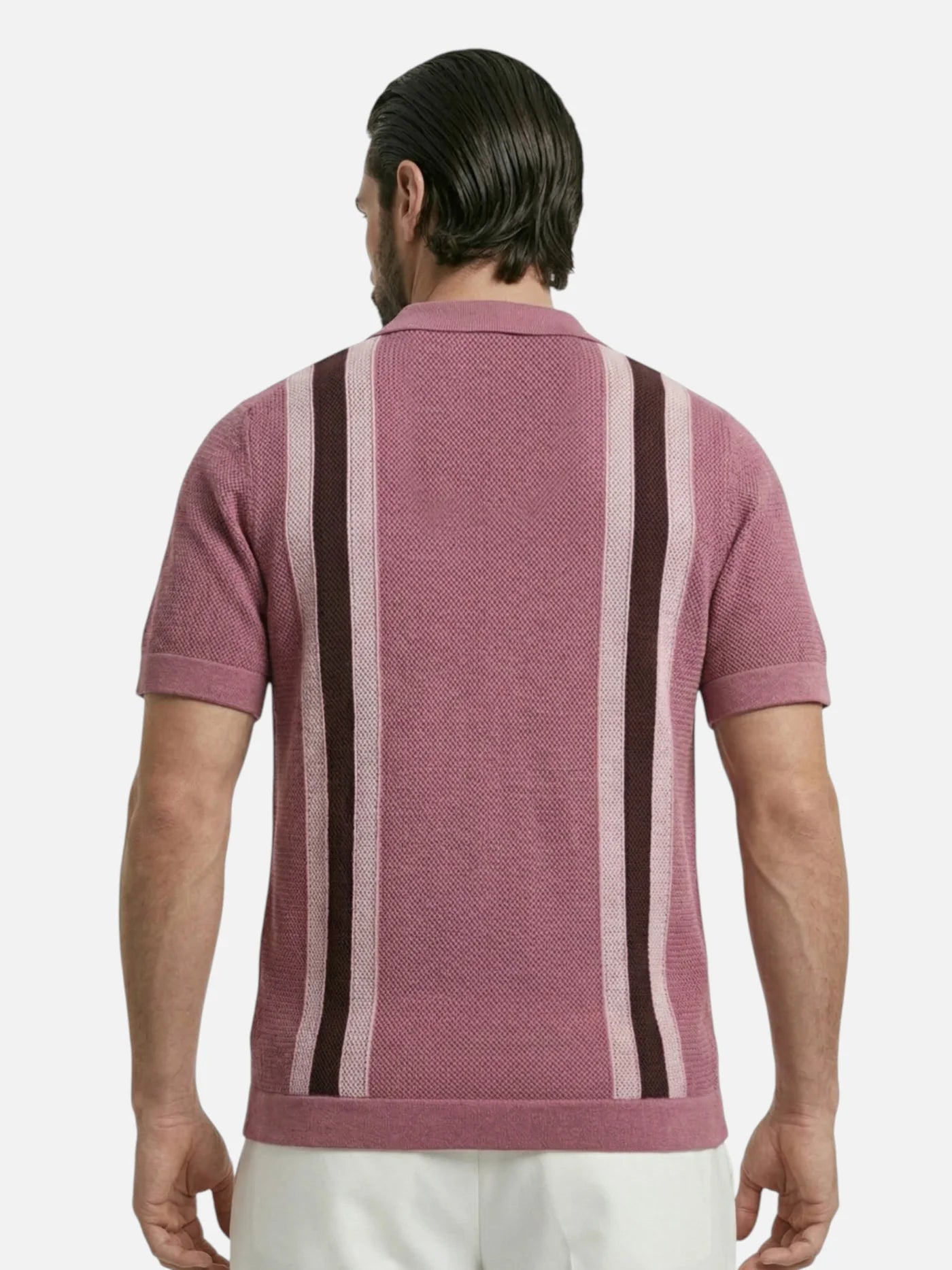 Men’s Knit Polo Shirt with Open Collar and Vertical Stripes