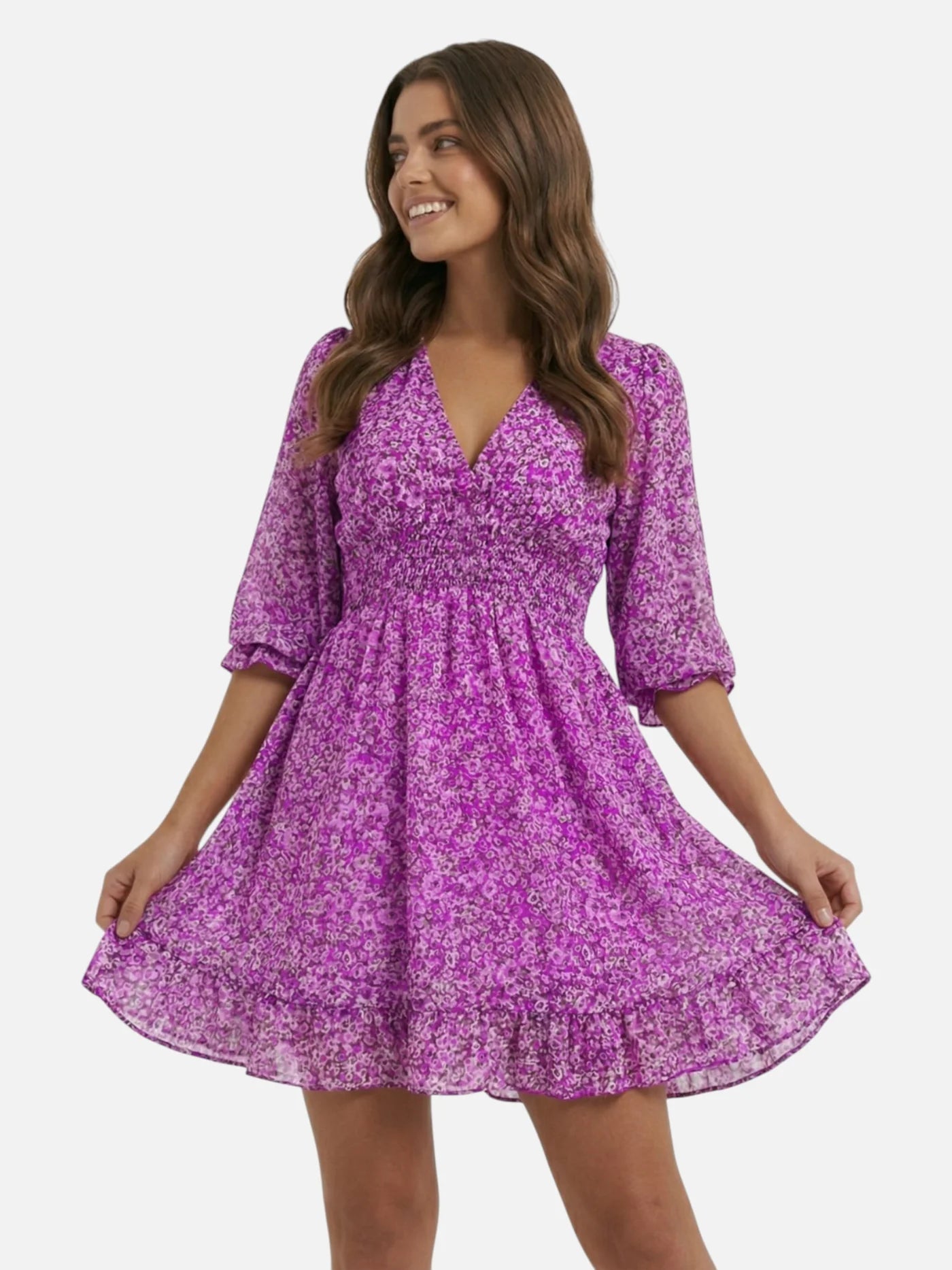dusty blue dress for wedding Women's Flowy Floral Mini Dress with Short Sleeves – Marlowe Club