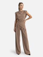 Women’s Two-Piece Set with Asymmetrical Draped Top and Wide-Leg Pants