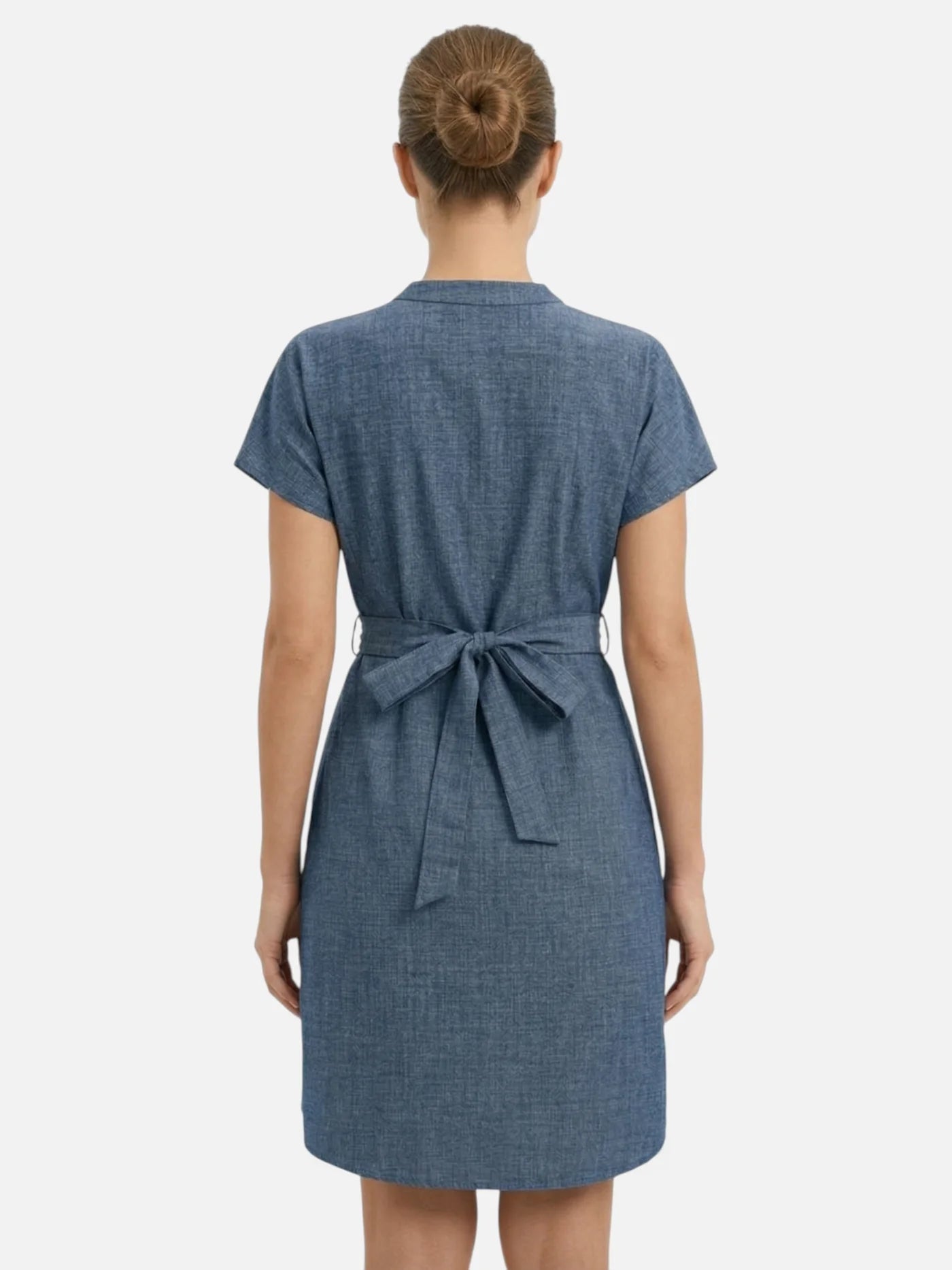 Women’s Belted Dress with Split Neck and Short Sleeves