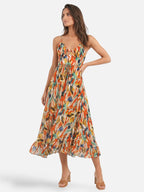 Women's Flowy Midi Dress with Abstract Print and Spaghetti Straps