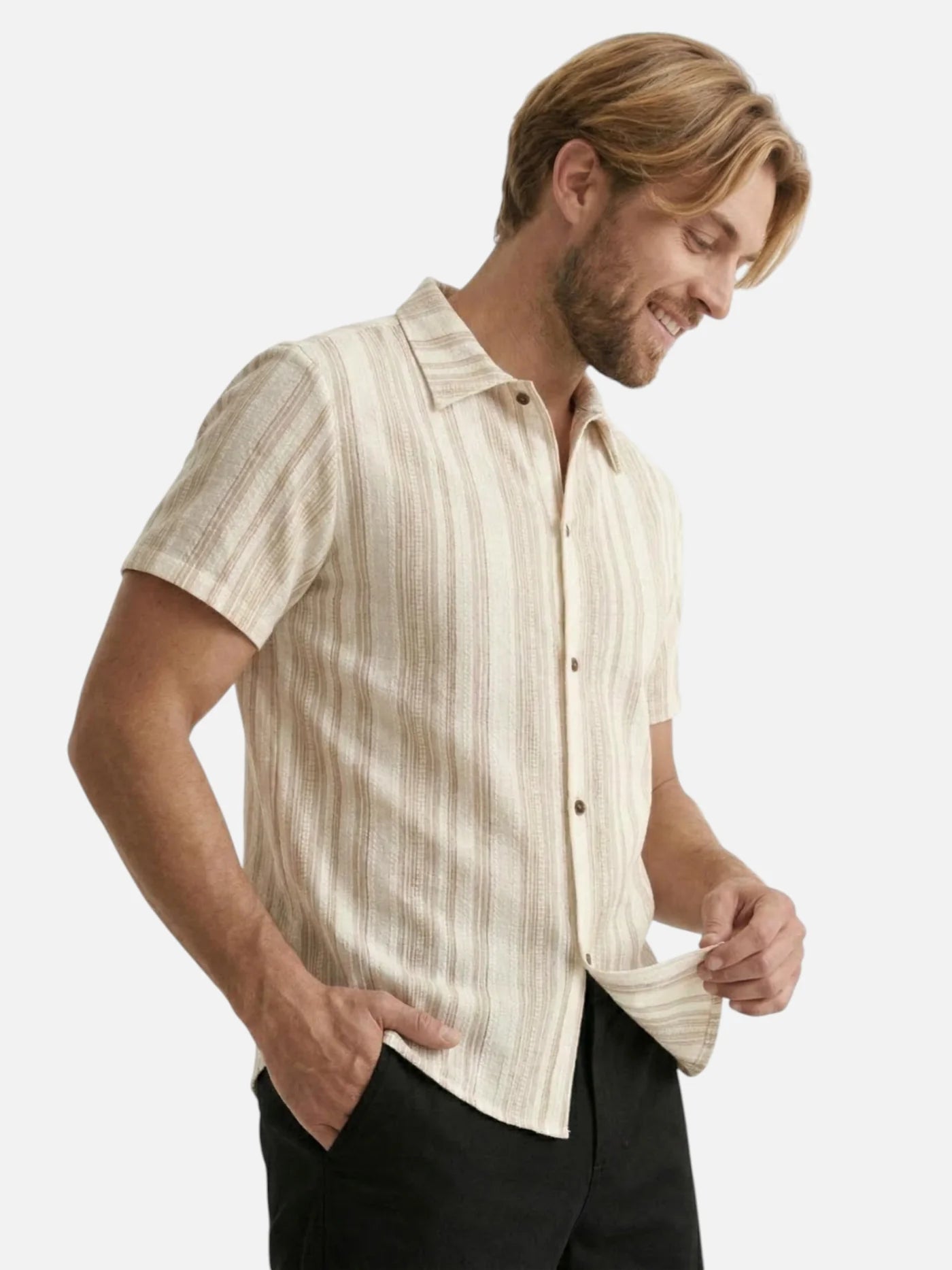 Men’s Short Sleeve Summer Button-Up Shirt with Subtle Stripes