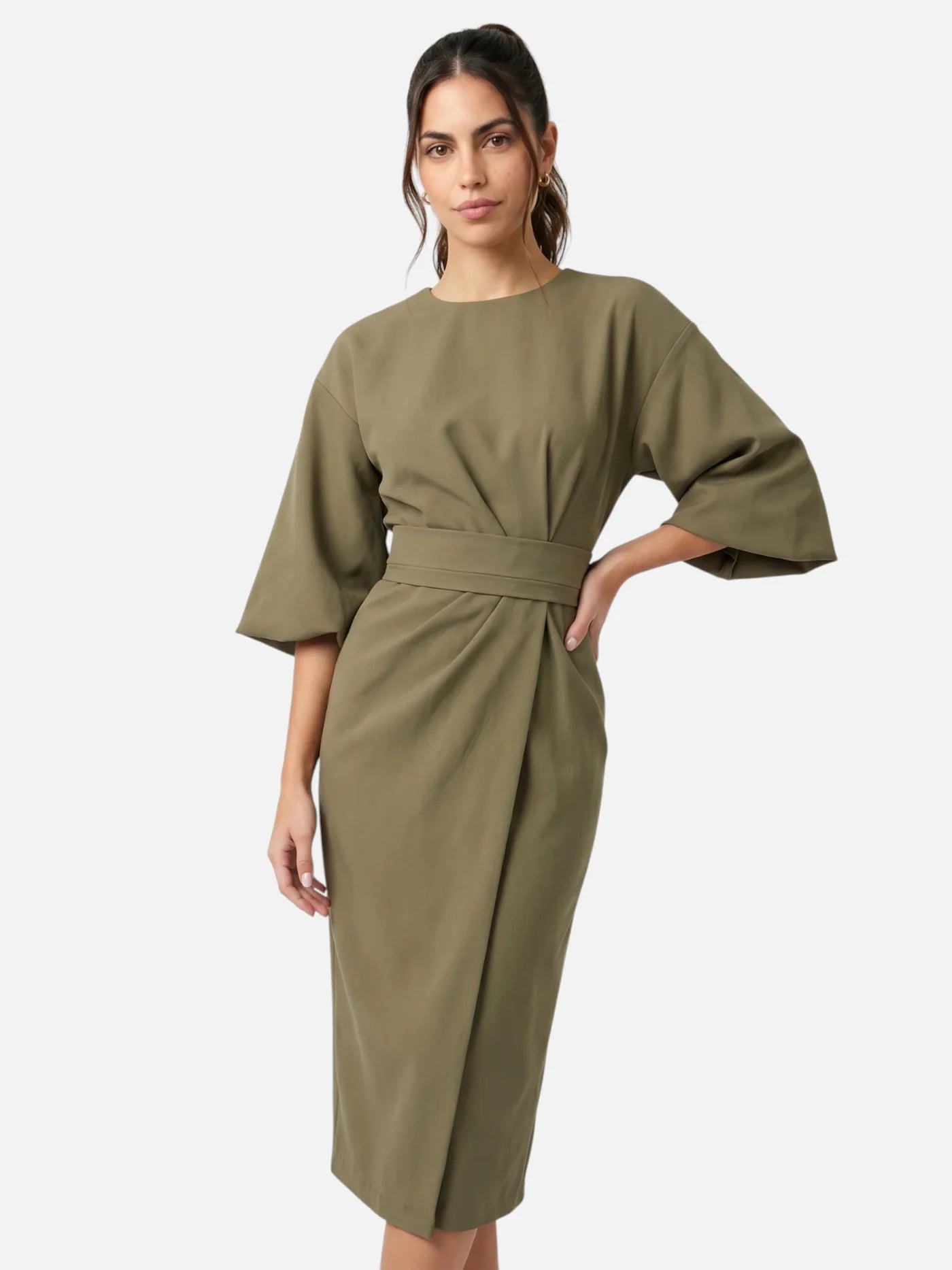 Women's Belted Midi Dress with Kimono Sleeves and Wrap Skirt