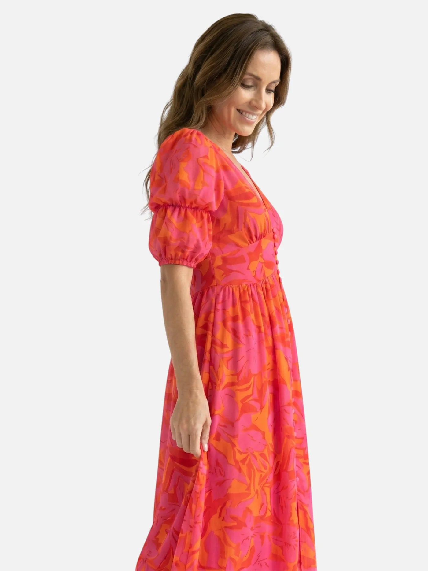 Women's Floral Maxi Dress with Deep V-Neck and Puff Sleeves