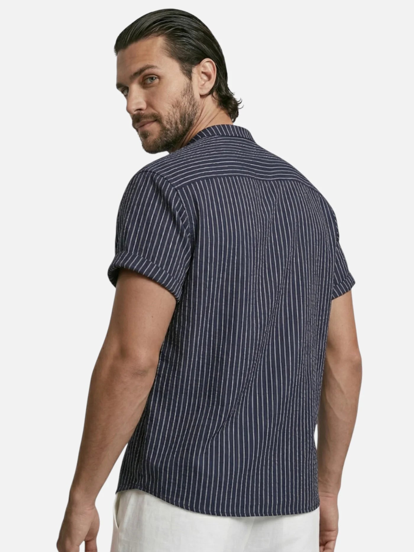 Men’s Striped Short Sleeve Shirt Mandarin Collar Lightweight Summer Shirt