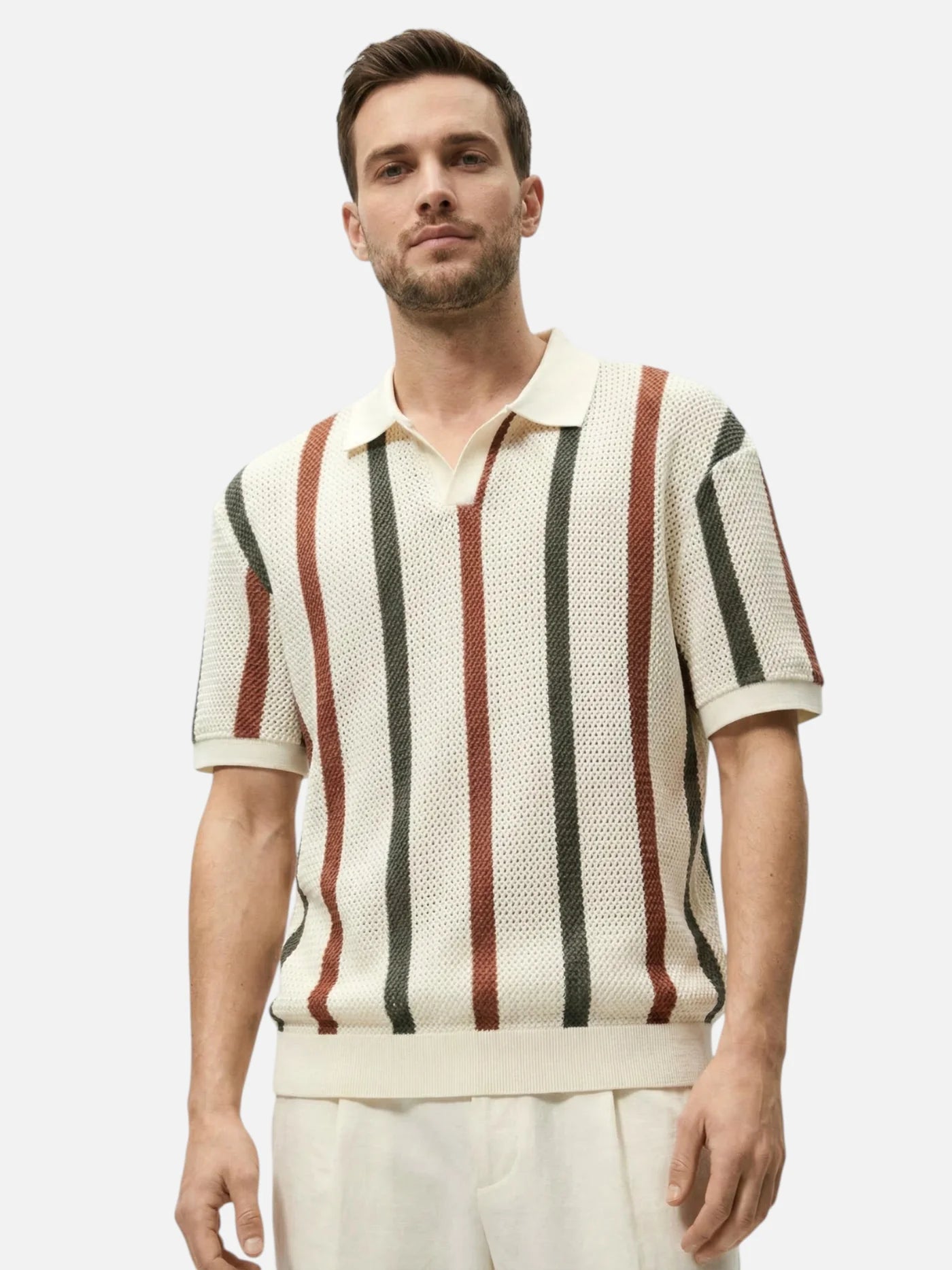 Men’s Textured Knit Striped Polo Shirt