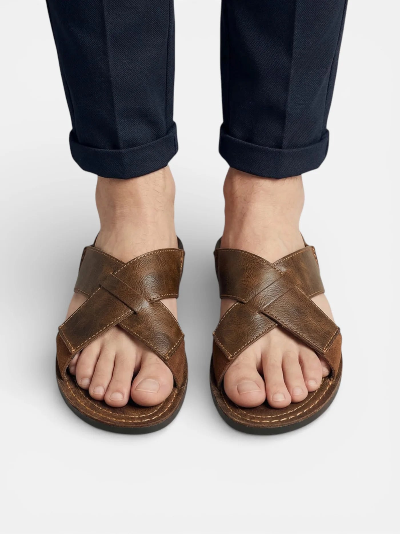 Men’s Leather Slide Sandals with Cross Straps for Summer Comfort