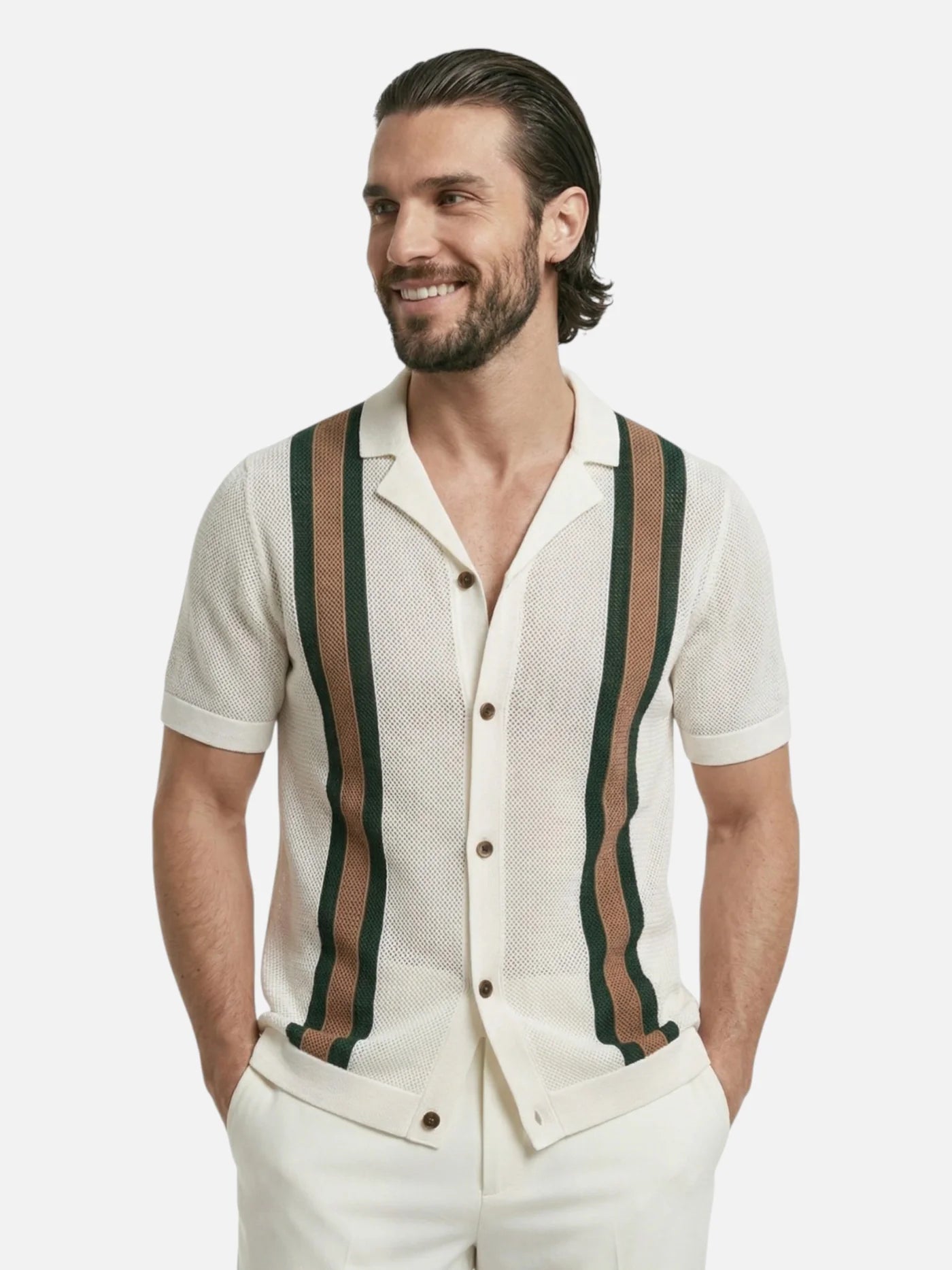 Men’s Knit Polo Shirt with Open Collar and Vertical Stripes