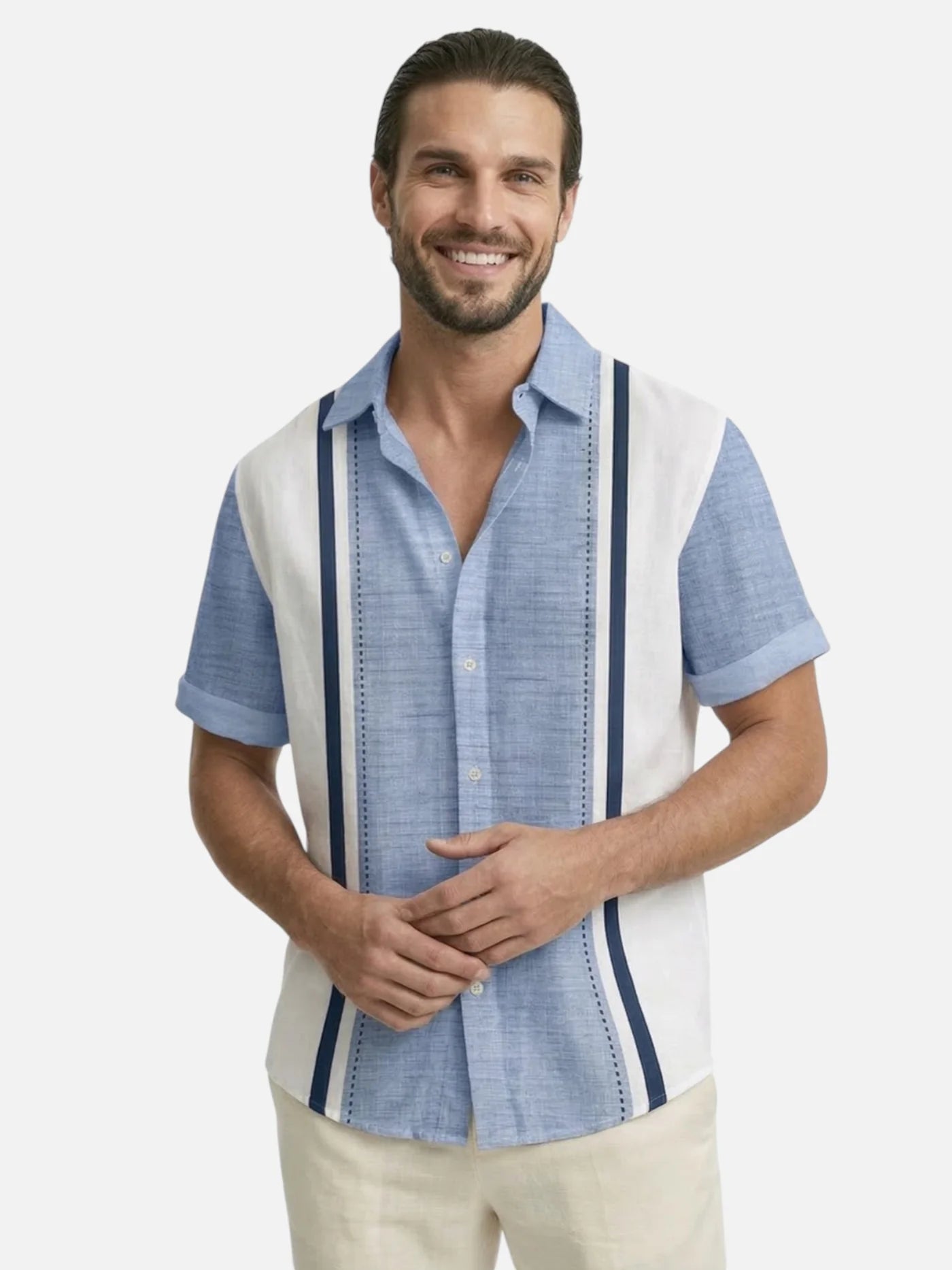 Men’s Short Sleeve Summer Button-Up Shirt with Vertical Stripes