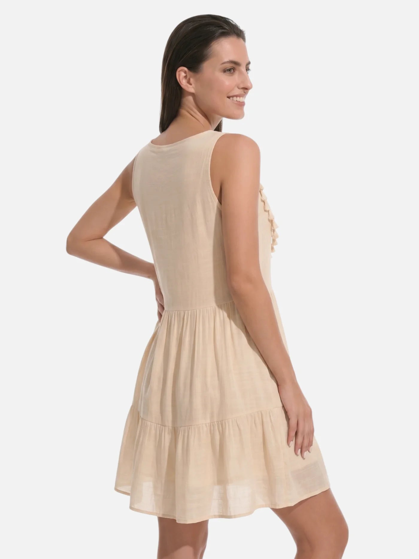 Women's Boho Mini Dress with Crochet Yoke and Tassel Trim